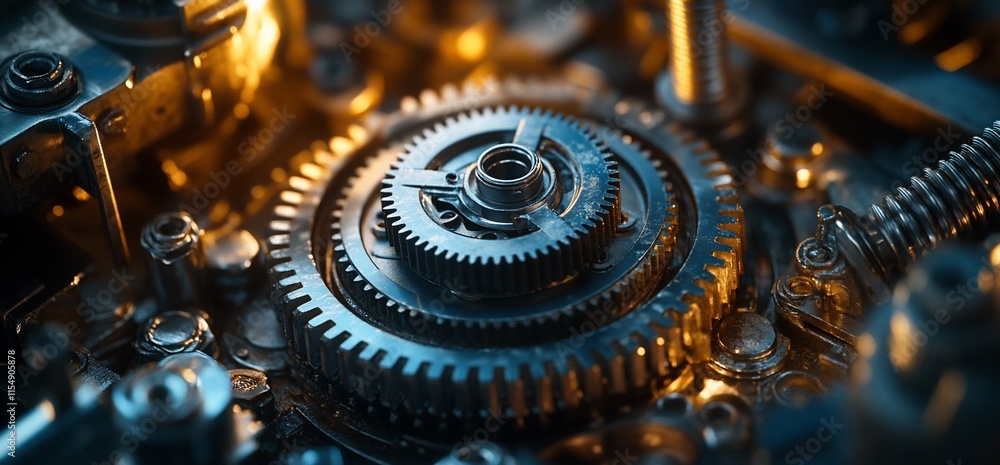 Poster close-up of intricate mechanical gears showcasing precision engineering.
