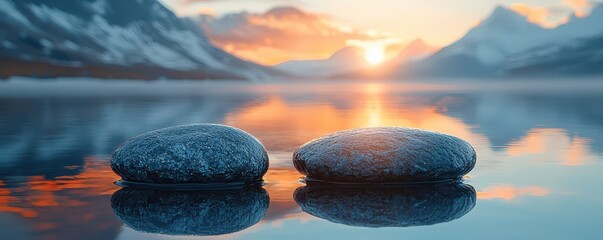 A serene landscape featuring two smooth stones in a tranquil lake, reflecting a colorful sunset and surrounded by majestic mountains.