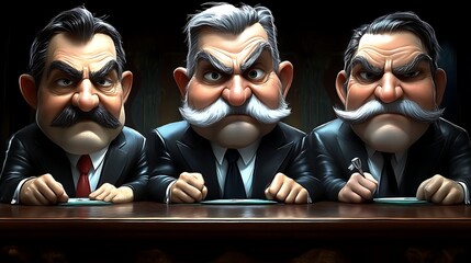 Three stern-faced men in suits at a table.