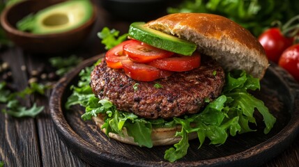 A hearty black bean burger patty on a bun, topped with fresh lettuce, tomatoes, and avocado slices on wooden plate