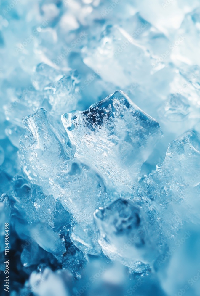 Poster close-up view of clear ice crystals with intricate patterns and texture on a blue background, perfec