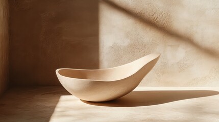 Light beige ceramic bowl on beige background with sunlight shadows.