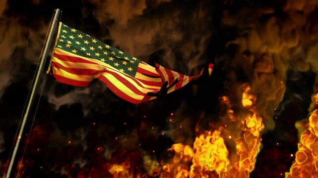 waving USA flag on burning fire backdrop - catastrophe concept
