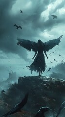 Morrigan in raven form, overlooking a battlefield with stormy skies.