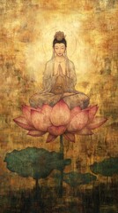 painting of Guan Yin seated on a lotus flower, surrounded by an aura of peace and light.
