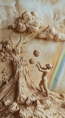 Nuwa creating humans and tree from clay, with a rainbow arcing across the sky.