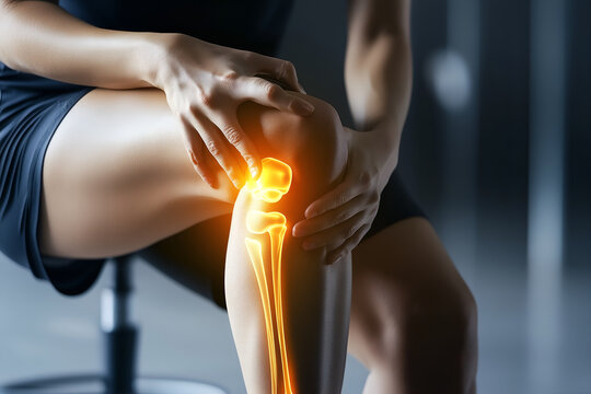 Knee joint pain in Caucasian man. Concept of osteoarthritis, rheumatoid arthritis or ligament injury.