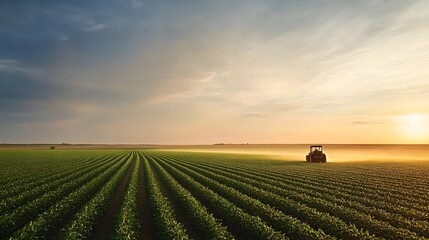 Obraz premium Tractor spraying soybean field in sunset