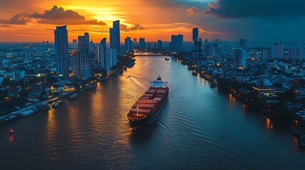 Fototapeta premium Cargo ship in a city river at sunset. Concept of global trade and logistics.