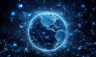 Digital representation of Earth connected by networks and data icons.