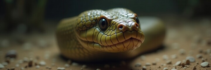 Fototapeta premium Close-up portrait of a calm and curious golden serpent with captivating eyes resting peacefully on a sandy terrain