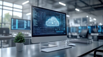 Fototapeta premium Computer displaying cloud technology interface.