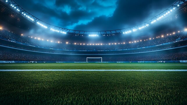 Soccer stadium at night with lights and flashes
