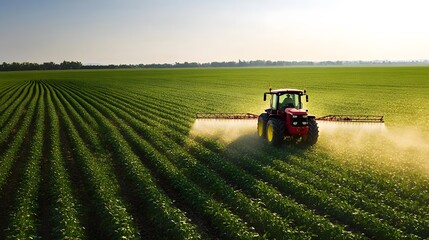 Obraz premium Tractor spraying soybean field