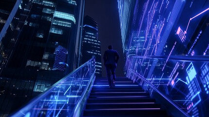 Businessman ascending stairs with Bangkoks skyline at night in the background overlaid with arrows and abstract lines Concept of smart cities business growth and the Internet of