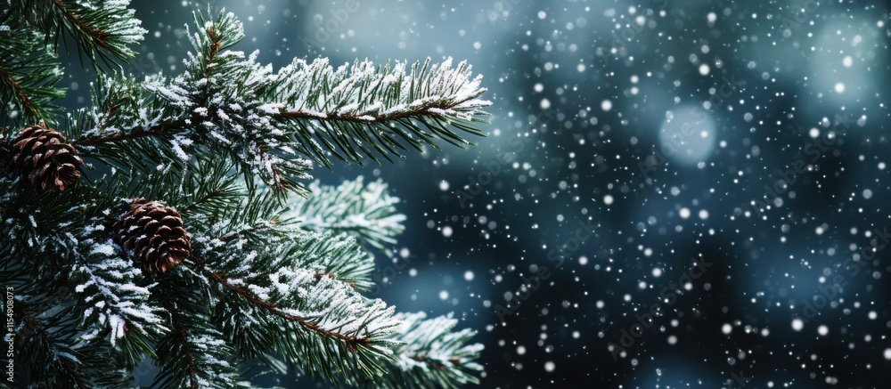 Aufkleber close-up view of pine branch with snow and cones under soft falling snowflakes creating a serene win