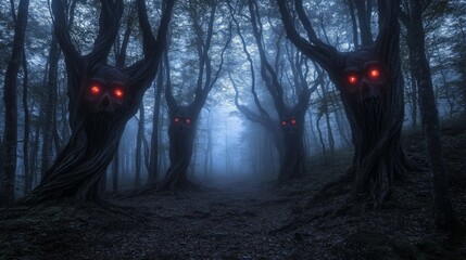 A dense foggy forest where twisted tree trunks resemble skeletal hands, and glowing red eyes
