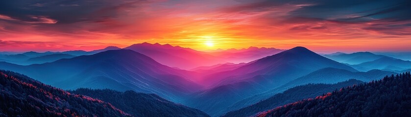 Fototapeta premium A stunning sunset over layered mountains, showcasing vibrant hues of orange, pink, and blue against a serene sky.