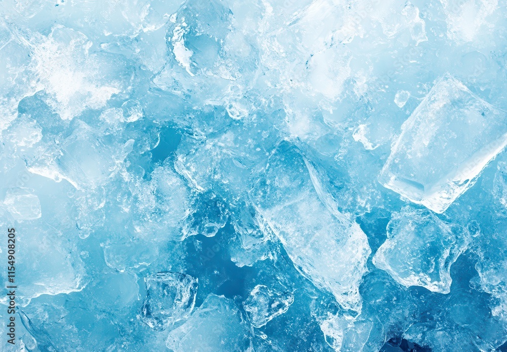 Poster close-up view of shimmering ice cubes and crushed ice with glimmering blue background for refreshing
