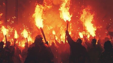 A fiery protest scene with angry crowds holding torches, their faces illuminated by the flames.