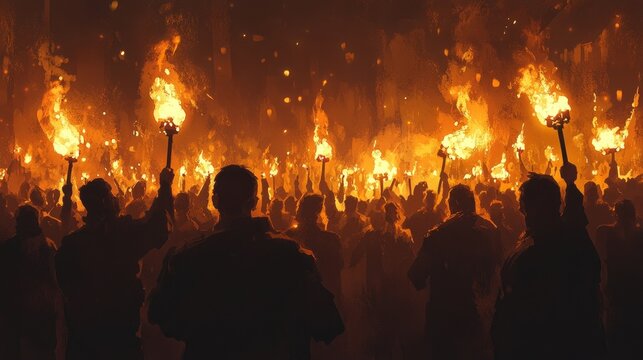 A fiery protest scene with angry crowds holding torches