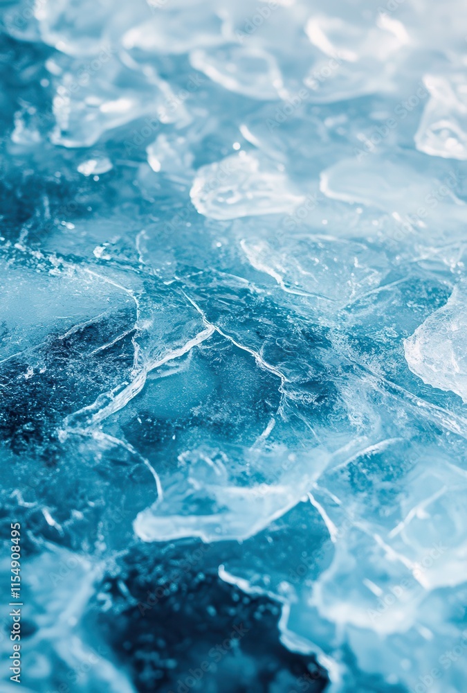 Poster close-up view of shiny ice fragments with crystal-like texture capturing vibrant blue tones and natu
