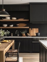 Modern Dark Kitchen With Wooden Accents And Island