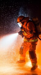 Fototapeta premium A man as a firefighter in gear spraying water on a fire during training.