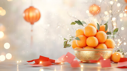 vibrant display of mandarin oranges stacked in decorative bowl, symbolizing prosperity and joy