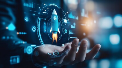 Businessman launching a holographic rocket representing business growth planning and customer focus in startups
