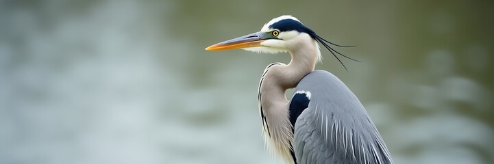 Fototapeta premium Graceful Grey Heron with Golden Eye and Sleek Black Feathers against a Soft Watery Background an Aquatic Bird Portrait with an Elusive Stare