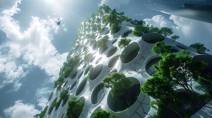 Futuristic eco-friendly skyscraper with integrated greenery and helicopter.