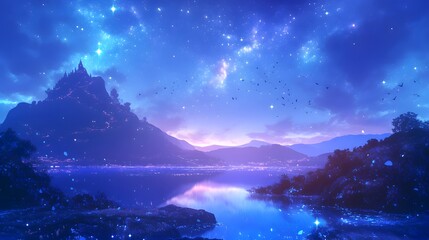 Fototapeta premium Magical lake under a starlit sky. Anime-style night landscape,