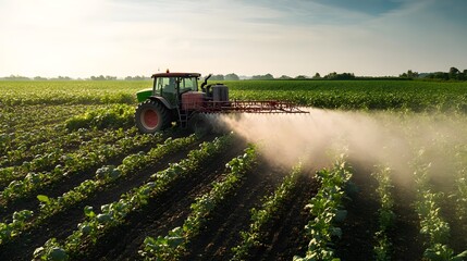 Fototapeta premium Farmer on a tractor with a sprayer makes fertilizer for young vegetable