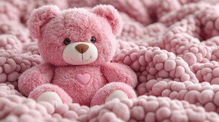 A cute pink teddy bear sits on a soft, textured pink blanket.