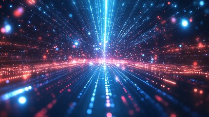 Fototapeta premium Abstract digital tunnel with glowing particles and light streaks.