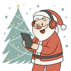 Santa with headphone and Christmas tree.