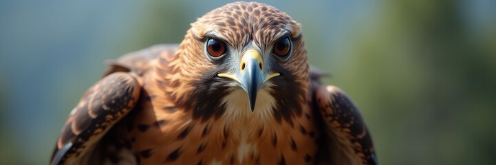 Fototapeta premium Intense Gaze of a Majestic Hawk Showing Off Its Fierce Brown Feathers and Sharp Yellow Beak A Hunter in the Wild