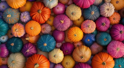 Colorful Assortment of Decorative Pumpkins in Various Sizes and Textures Perfect for Autumn and Halloween Celebrations, Ideal for Seasonal Decor and Craft Projects