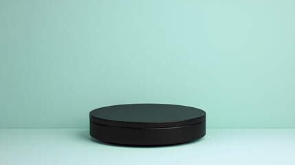 A sleek podium with a matte black finish, placed on a soft pastel background