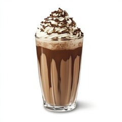 Luxurious chocolate frappe in a tall glass. Featuring whipped cream and chocolate drizzle