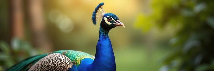 A Regal Peacock's Profile in Emerald and Sapphire Hues Captured Against a Golden Bokeh Backdrop showing its iridescent plumage and majestic crest