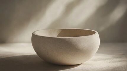 A beige, round bowl sits on a light surface, illuminated by soft sunlight.