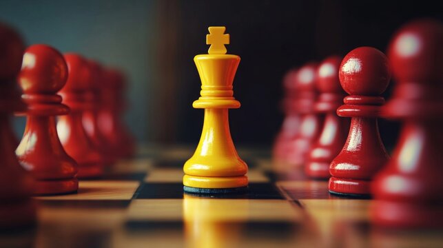 A Unique Perspective of a Yellow King Surrounded by Red Pawns on a Chessboard, Symbolizing Strategy, Competition, and Mind Games in Play