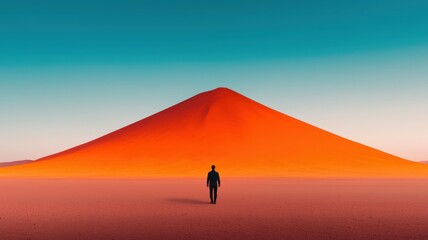 A solitary figure stands before a vibrant orange mountain under a clear blue sky, evoking a sense of adventure and exploration in a vast landscape.