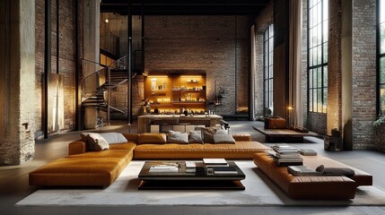 Spacious loft apartment with leather sectional sofa, exposed brick walls, and large windows.
