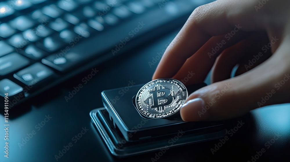 Poster closeup of a woman holding bitcoin and a hardware cold wallet on a keyboard background emphasis on s