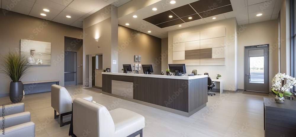 Poster modern reception area with sleek design and functional workspace.