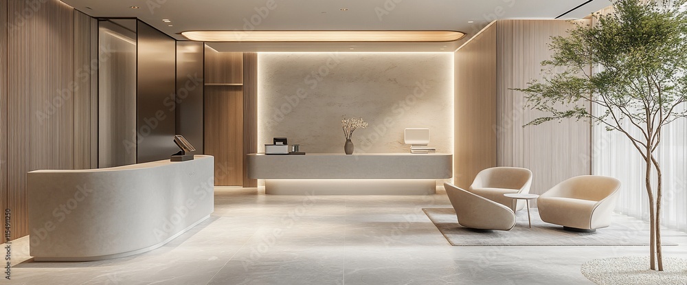 Poster modern reception area with minimalist design and soft lighting.