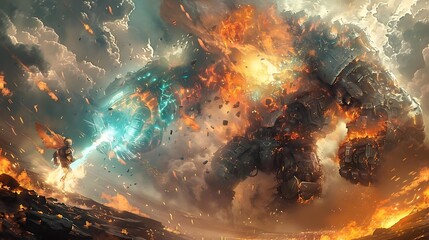 Angel battles giant fiery robot amidst stormy skies.